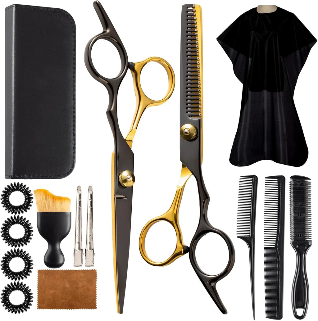 15-tlg. Profi-Haarschneideset, Effilierschere, Friseurschere aus schwarz-goldfarbenem Edelstahl, Haarschneide-Set für Damen und Herren