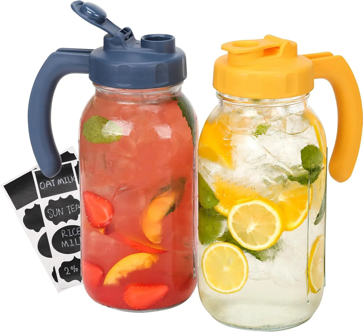 2er-Set Mason-Jar-Glaskrüge (ca. 1,9 Liter) mit Deckel, Marineblau & Gelb | 64oz Weithals-Krüge mit Klappdeckel, auslaufsicherem Ausgießer und Henkel, für Eistee/Saft/Cold Brew/Milch