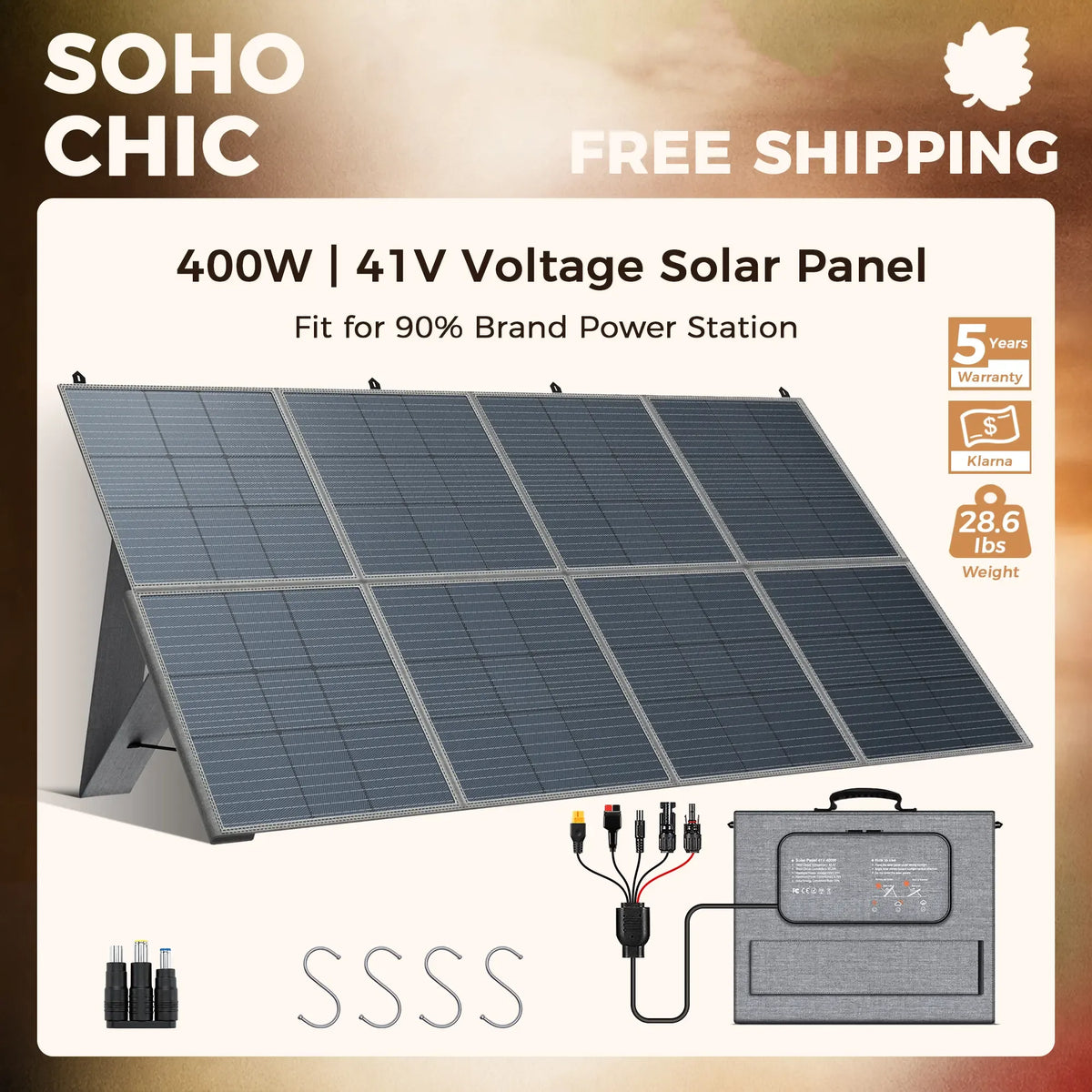 400W Foldable Solar Panel 41V 10A - Portable Off-Grid Charger for Camping RV & Home Backup, 23.5% ETFE High-Efficiency, Waterproof Dust-Resistant, Adjustable 8F Bracket, XT60/Anderson Ready