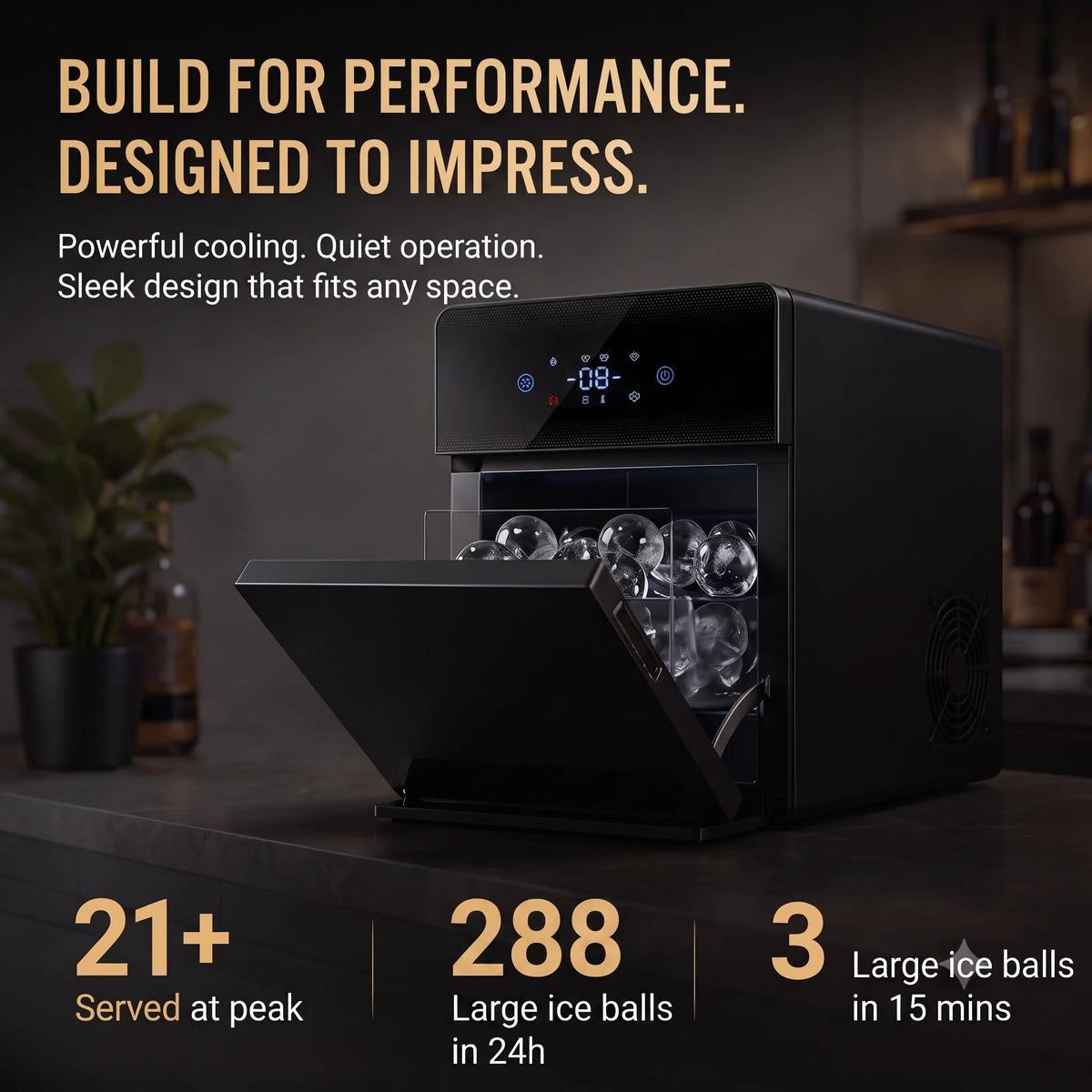 Machine à glaçons sphériques de 3,2 po pour comptoir, avec alimentation en eau automatique, 3 pièces en 15 min, 288 pièces/jour, autonettoyante, isolation renforcée pour bar à whisky
