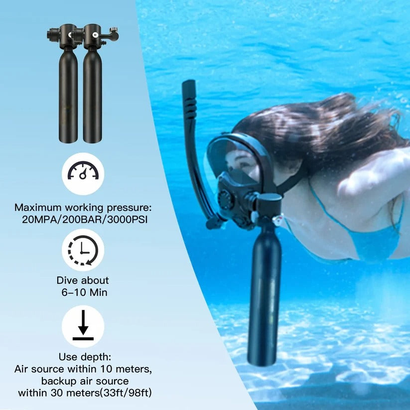 Diving Mask With Scuba Tank.Ideal for travel diving, snorkeling, underwater exploration, boat maintenance, and emergency backup air.