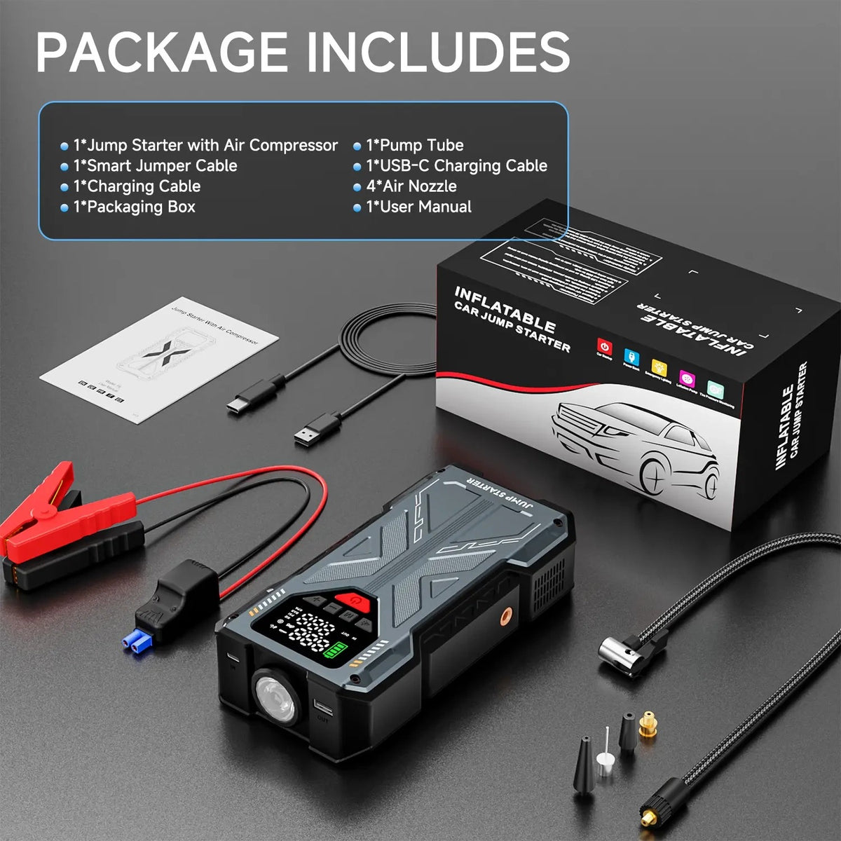 16800mAh 6000A Portable Car Jump Starter with Air Compressor | 5-in-1 Emergency Battery Booster with 150 PSI Tire Inflator & LED Light