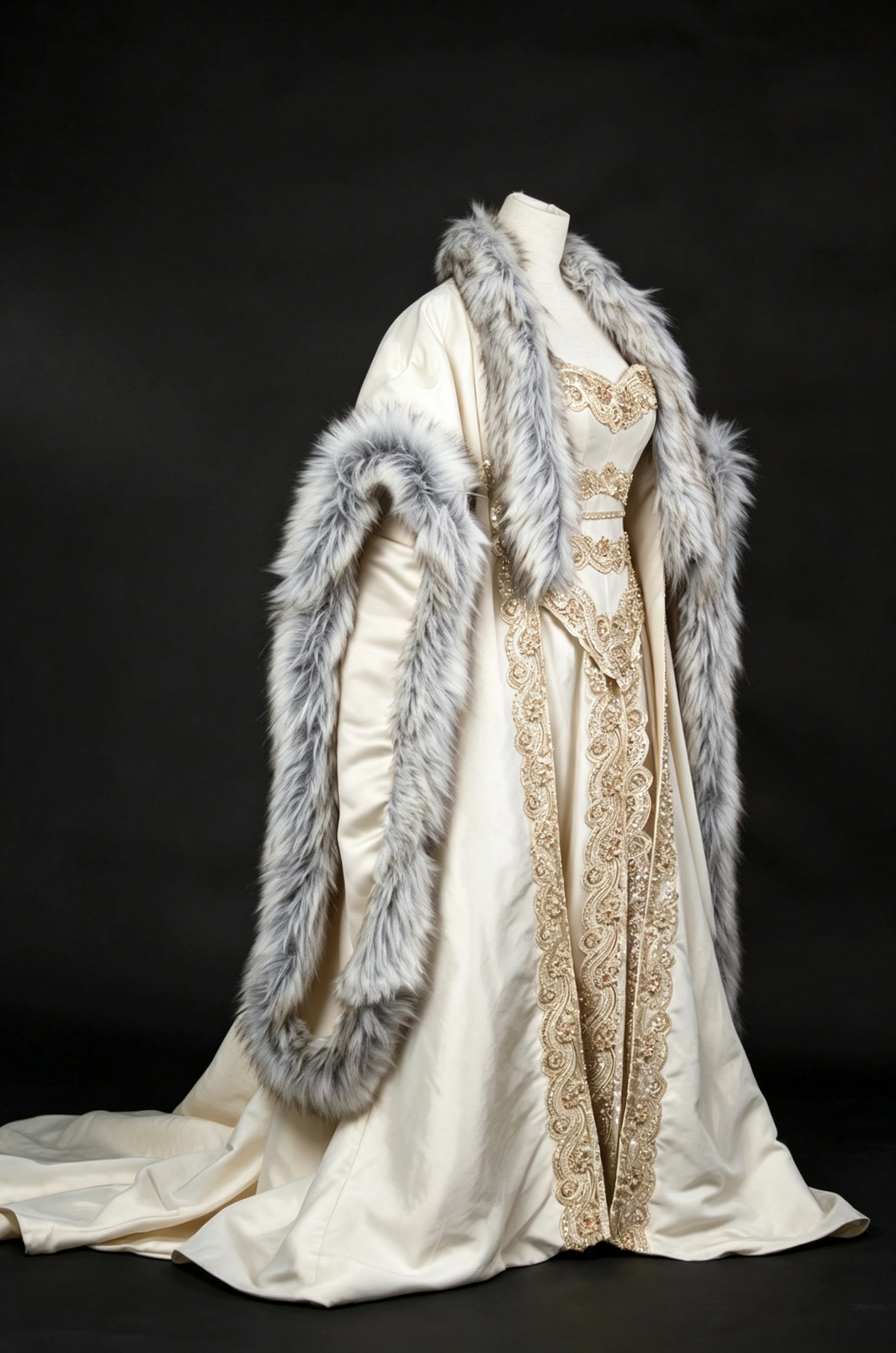 Robe de rêve Queen Gown avec cape en fourrure