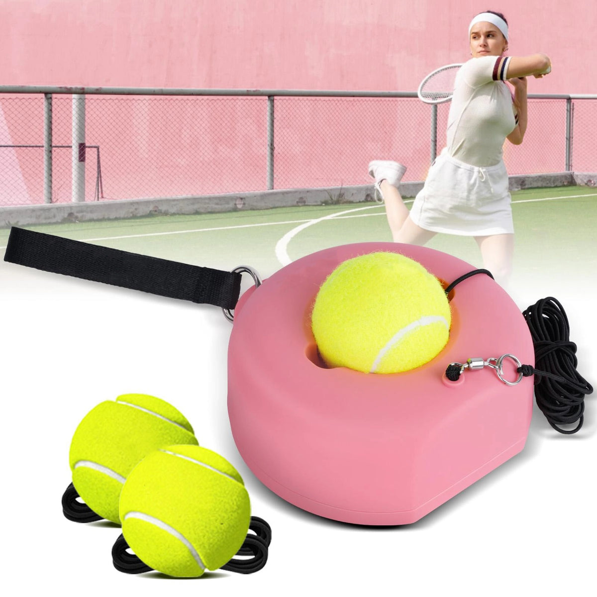 Hochwertiger Tennis-Trainer mit Rückprallfunktion und Metallsockel, tragbares Set mit 3 hochelastischen Tennisbällen an Schnüren, ideal für Erwachsene, Kinder und Anfänger, Trainingsgerät für den Outdoor-Bereich, Sport und Schlägersport