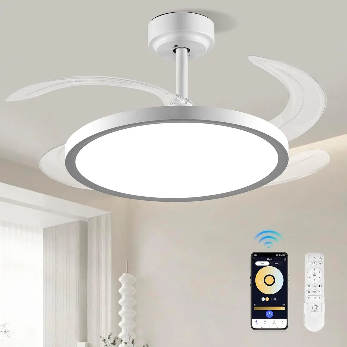 42 Inch Slim Invisible Ceiling Fan with RGB Lights-Ventilador de Techo con Luz LED