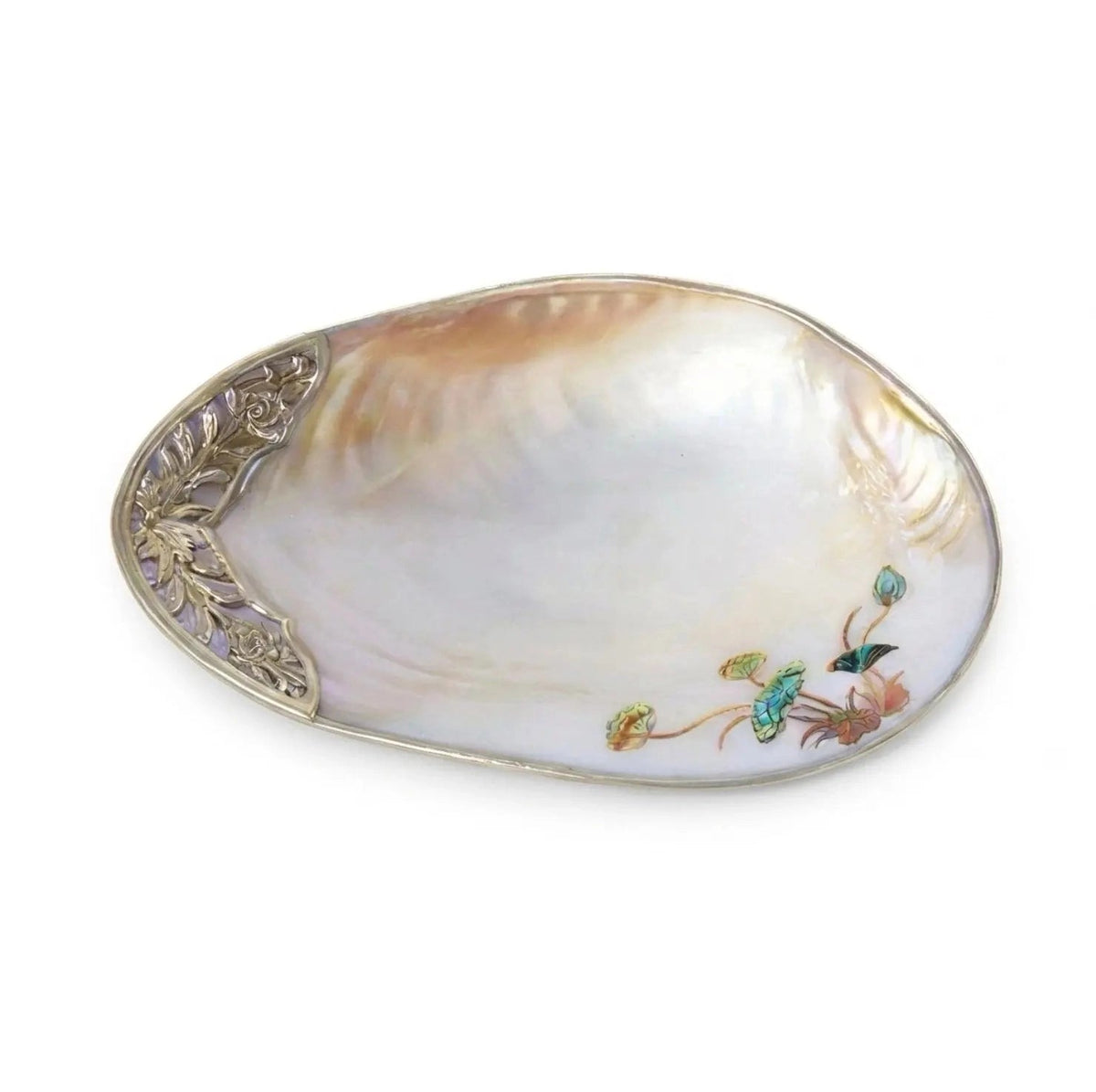 Handcrafted Large Mother of Pearl Tray – Natural Shell Serving Plate with Gilded Edge Binding & Carved Accent