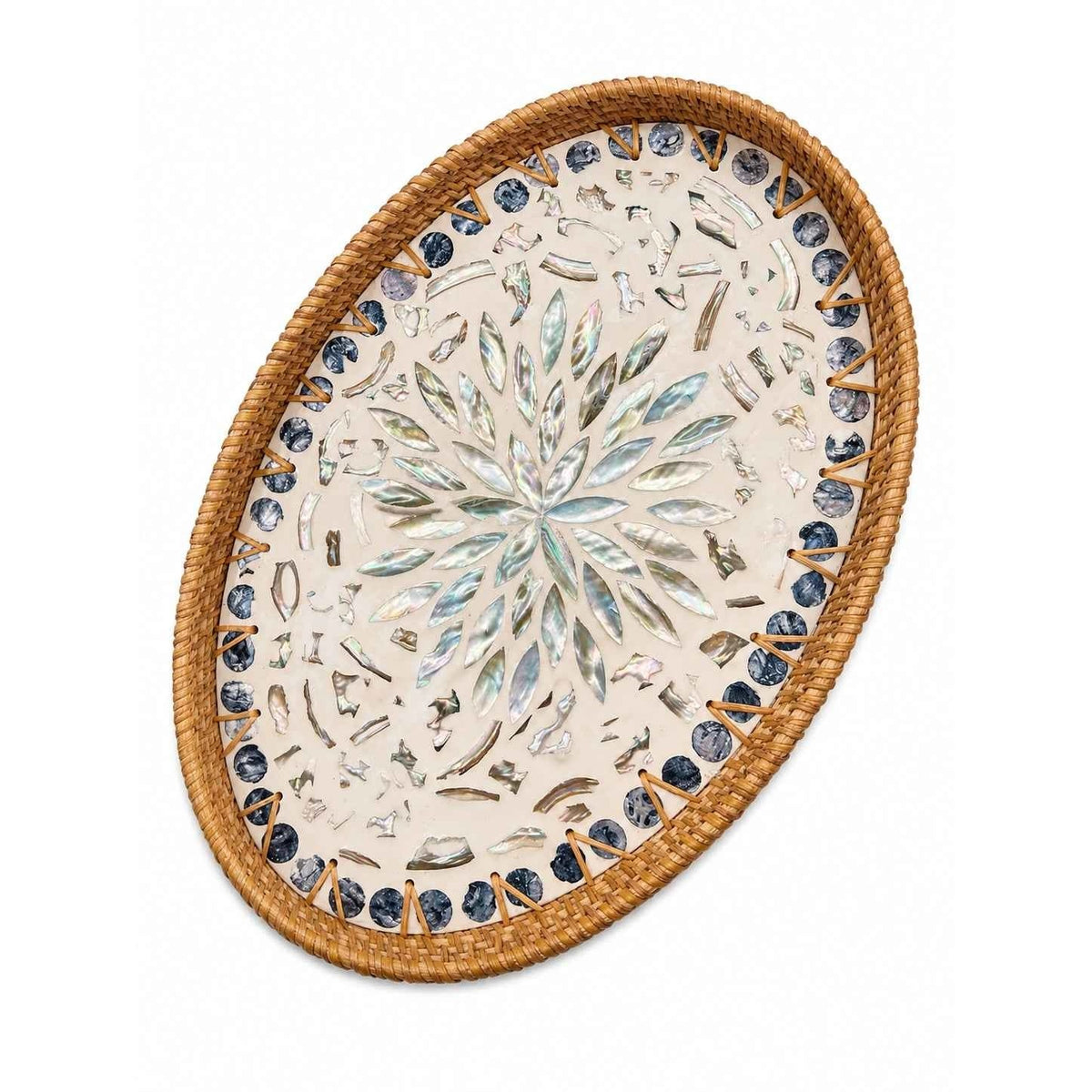 1 acheté, 1 offert – Plateau mosaïque artisanal en coquillages de rotin, plateau de service ovale tressé naturel avec incrustations de nacre pour la décoration et le rangement à la maison