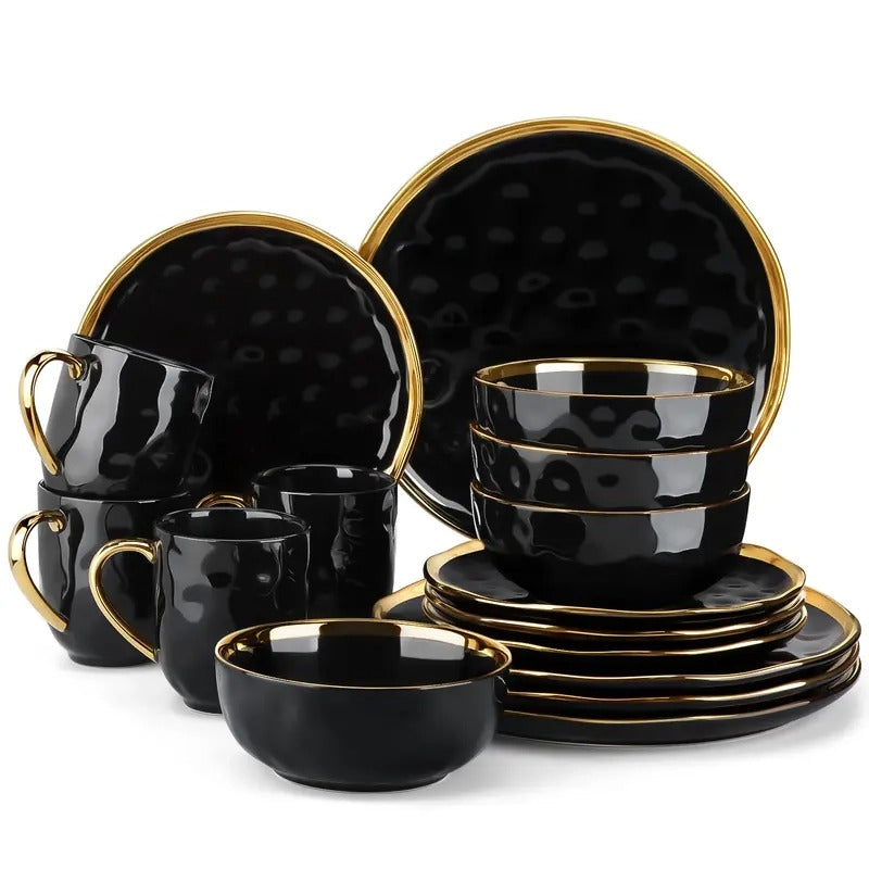 [CADEAU LIMITÉ] Service de table 16 pièces en porcelaine à bordure dorée pour 4 personnes, vaisselle blanche, noire et verte