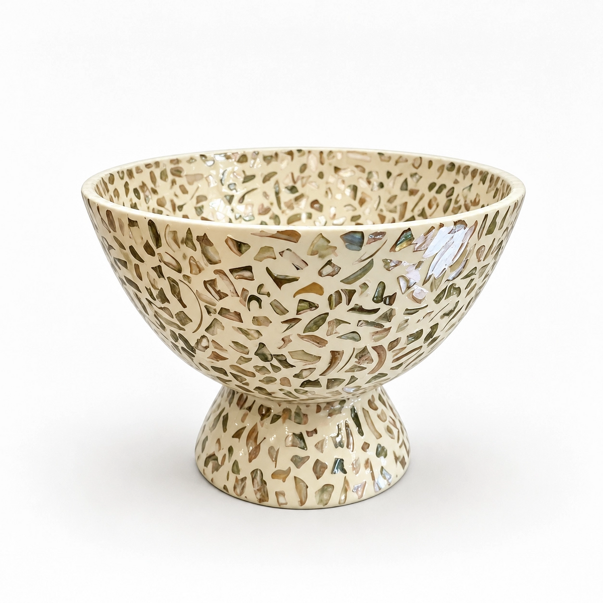 Handcrafted Shell Mosaic Pedestal Fruit Bowl – Iridescent Seashell Inlay Serving Tray, Luxury Decorative Centerpiece for Home & Dining Table