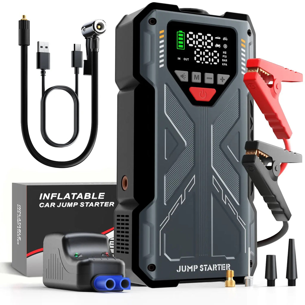 16800mAh 6000A Portable Car Jump Starter with Air Compressor | 5-in-1 Emergency Battery Booster with 150 PSI Tire Inflator & LED Light