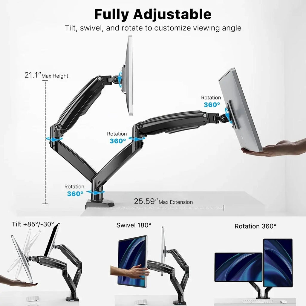 Support pour moniteur, bras réglables pour écrans de 13 à 35 po, port USB, ressort à gaz robuste, supporte 2 moniteurs jusqu'à 12,9 kg