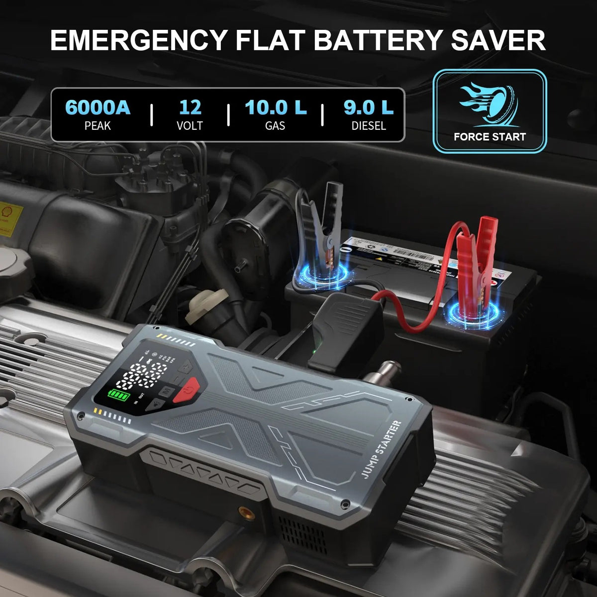 16800mAh 6000A Portable Car Jump Starter with Air Compressor | 5-in-1 Emergency Battery Booster with 150 PSI Tire Inflator & LED Light