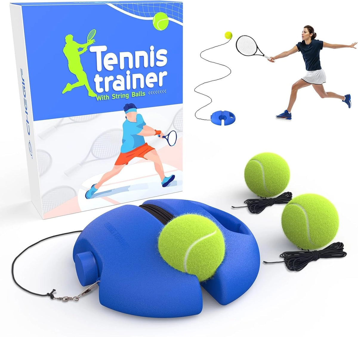 Balle de tennis rebondissante avec 3 balles à ficelle, outil portable d'entraînement au tennis adapté aux débutants pour l'exercice sportif - Bleu