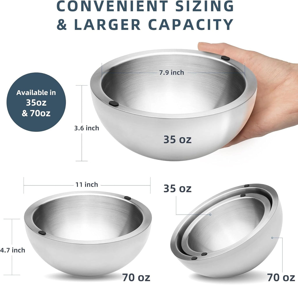 Chiller Bowl - 35oz Capacity - Frozen Ice Stainless Steel Party Serving Bowl - Insulated Dip Dish Platter Keeps Salsa, Guacamole, Condiments, Sauces, Salad & Food Hot or Cold (1 Bowl)