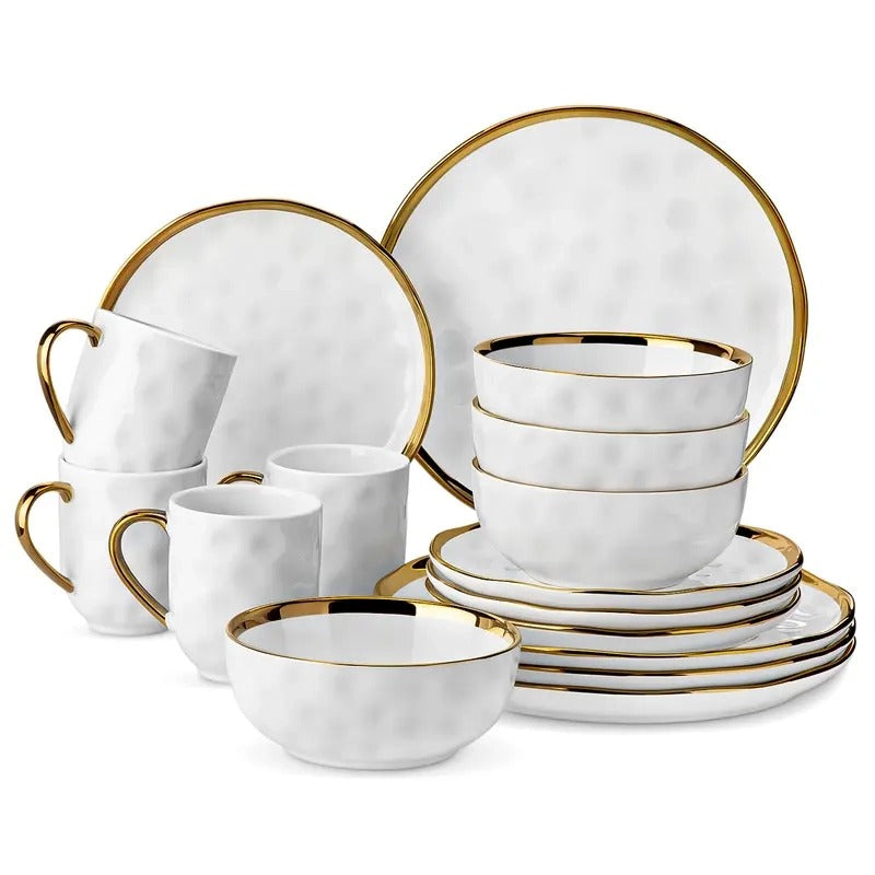 [CADEAU LIMITÉ] Service de table 16 pièces en porcelaine à bordure dorée pour 4 personnes, vaisselle blanche, noire et verte