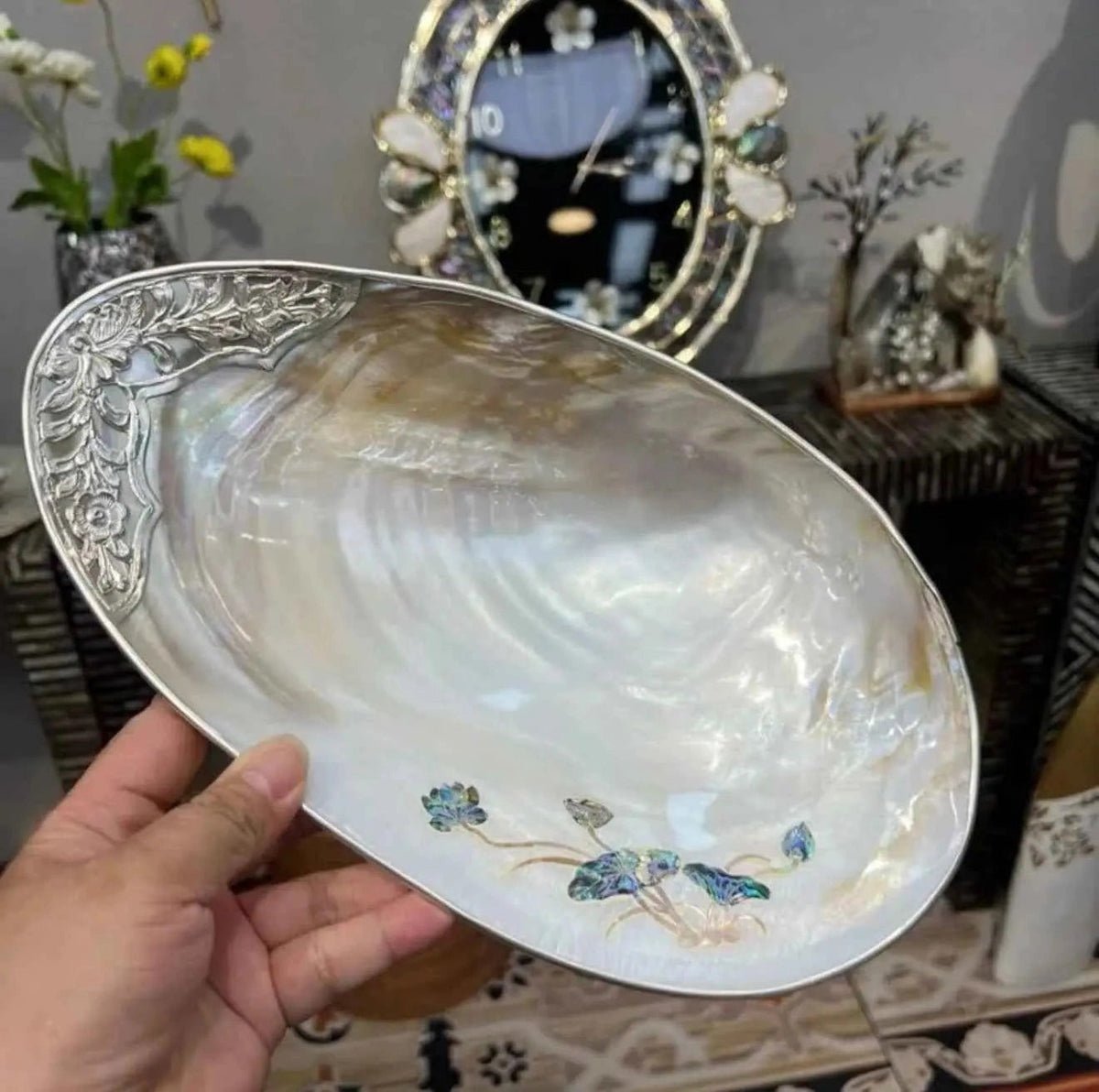 Handcrafted Large Mother of Pearl Tray – Natural Shell Serving Plate with Gilded Edge Binding & Carved Accent
