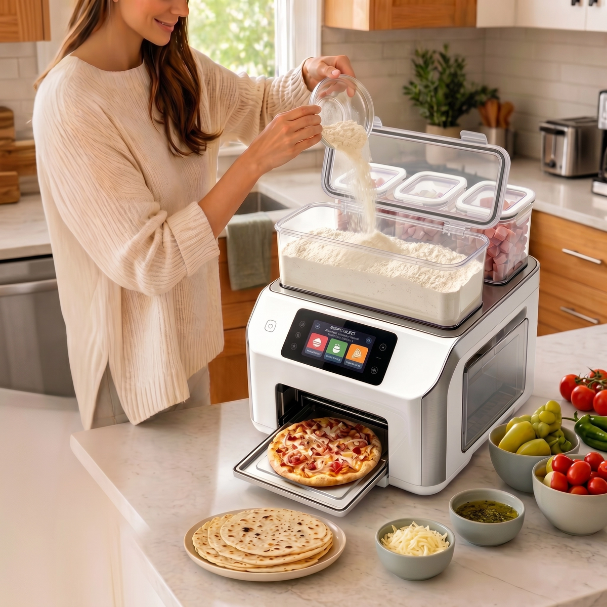 Automatische smarte Pfannkuchenmaschine mit 3 Zutaten-Dosierern & verstecktem Wassertank