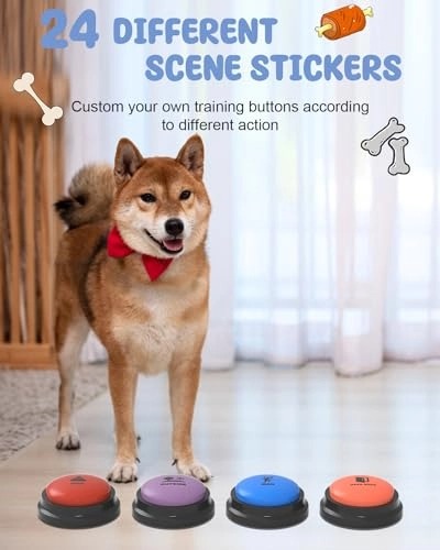 Dog Buttons for Communication, 9 Pcs Recordable Talking Button Set with 30s Voice, Pet Training Buzzer Kit for Dogs and Cats, Waterproof Anti-Slip Mat, 48 Scene Stickers for Outside/Food/Play