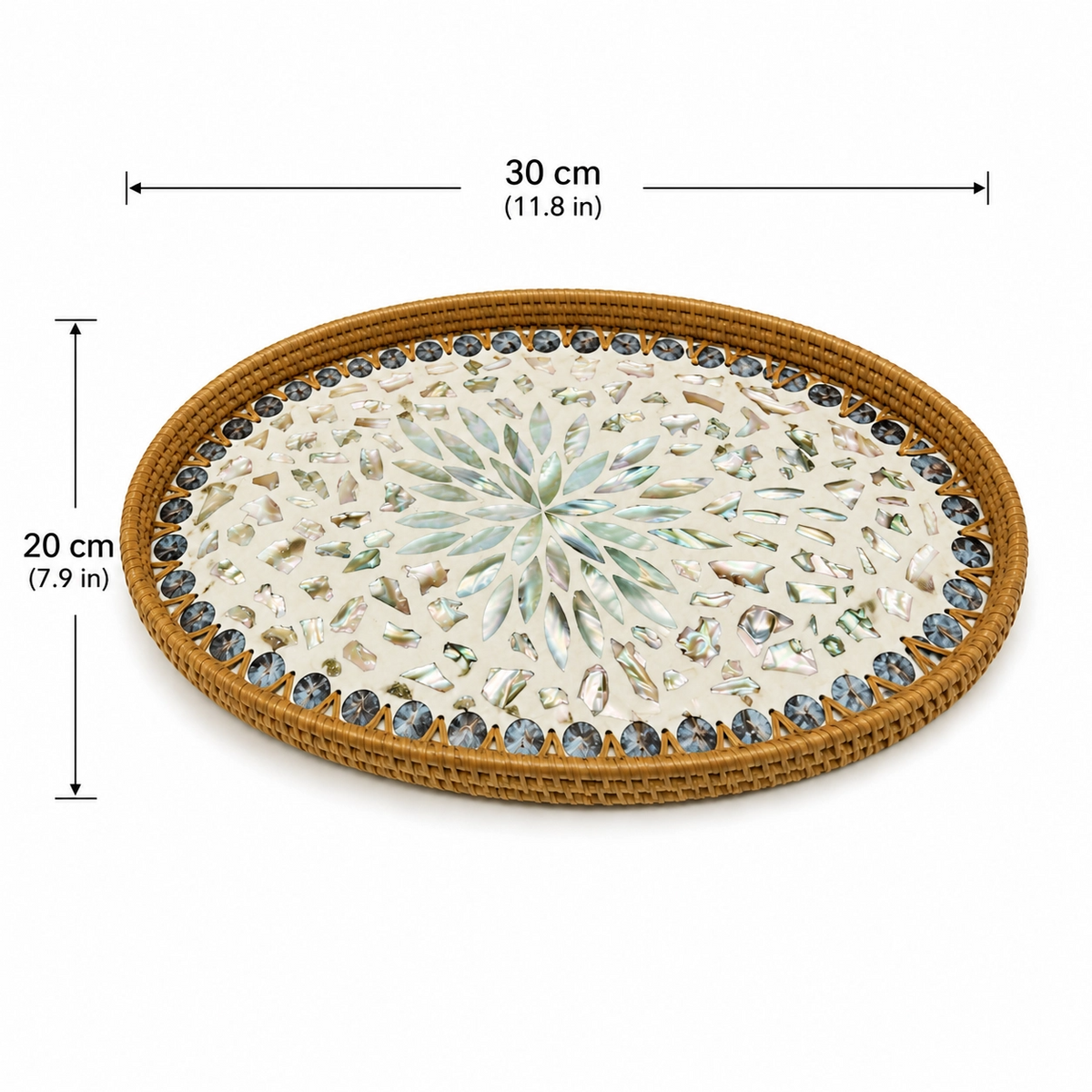 1 acheté, 1 offert – Plateau mosaïque artisanal en coquillages de rotin, plateau de service ovale tressé naturel avec incrustations de nacre pour la décoration et le rangement à la maison