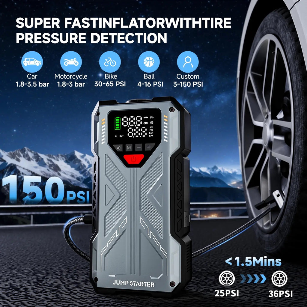 16800mAh 6000A Portable Car Jump Starter with Air Compressor | 5-in-1 Emergency Battery Booster with 150 PSI Tire Inflator & LED Light