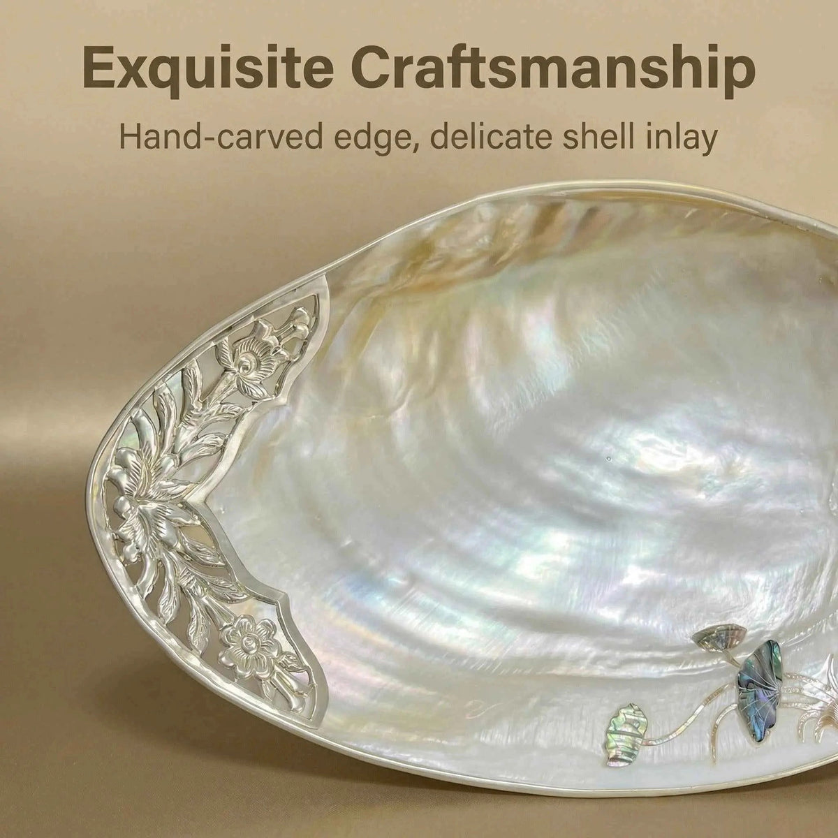 Handcrafted Large Mother of Pearl Tray – Natural Shell Serving Plate with Gilded Edge Binding & Carved Accent