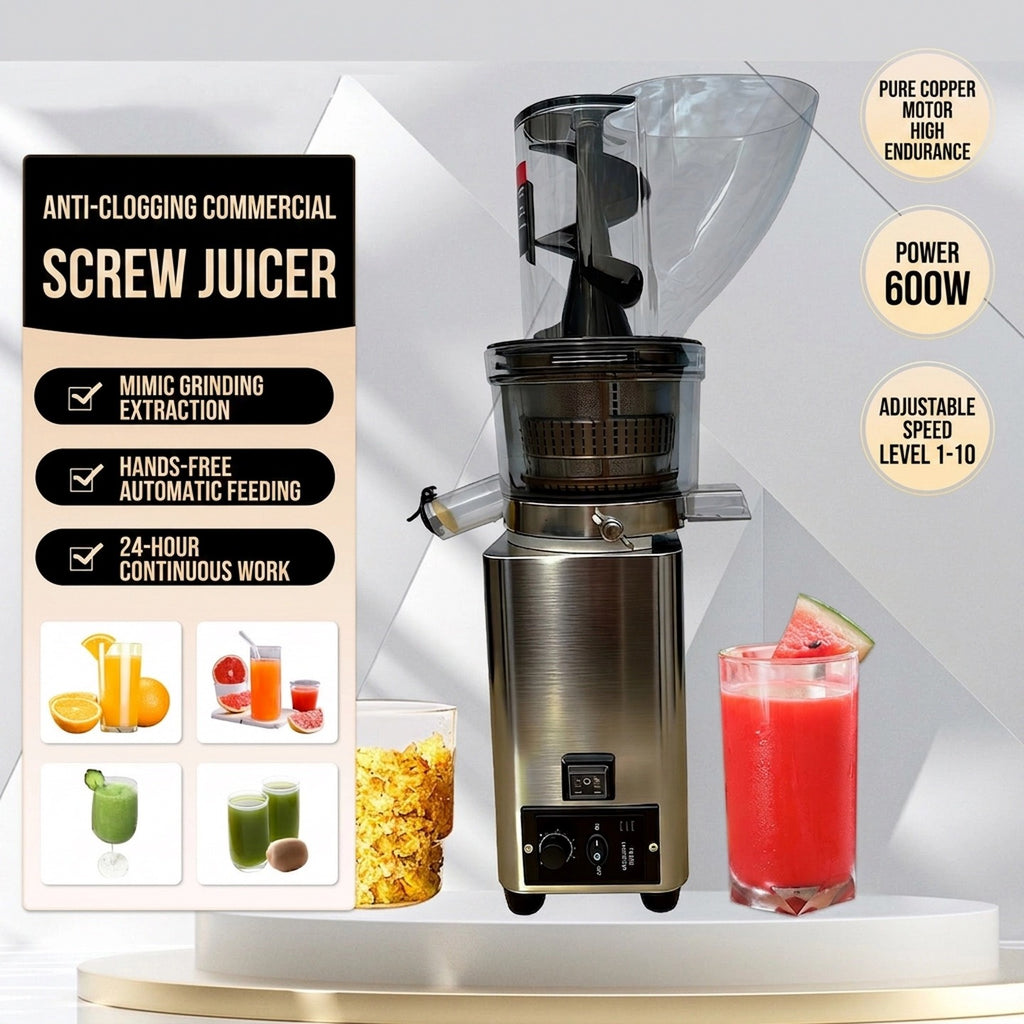Presse-agrumes en acier inoxydable à large trémie d’alimentation – Système automatique de séparation du jus et de la pulpe