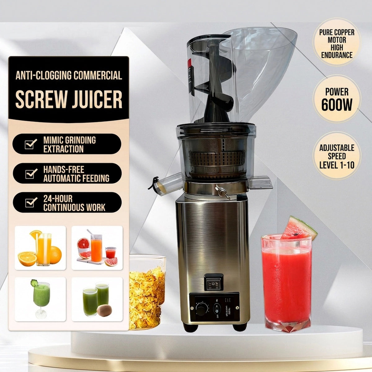 Presse-agrumes en acier inoxydable à large trémie d’alimentation – Système automatique de séparation du jus et de la pulpe