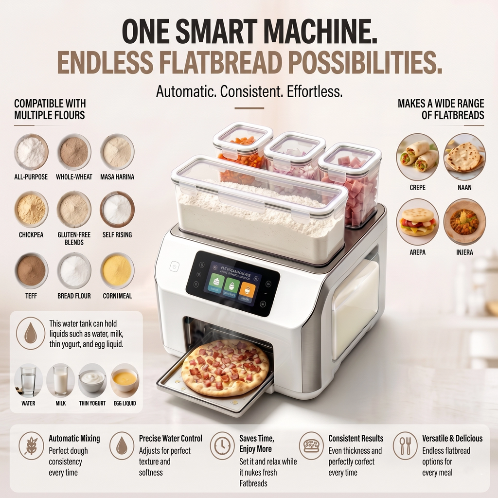 Automatische smarte Pfannkuchenmaschine mit 3 Zutaten-Dosierern & verstecktem Wassertank