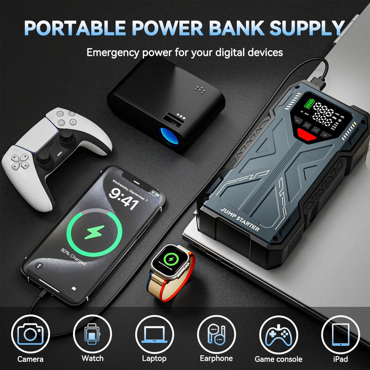 16800mAh 6000A Portable Car Jump Starter with Air Compressor | 5-in-1 Emergency Battery Booster with 150 PSI Tire Inflator & LED Light