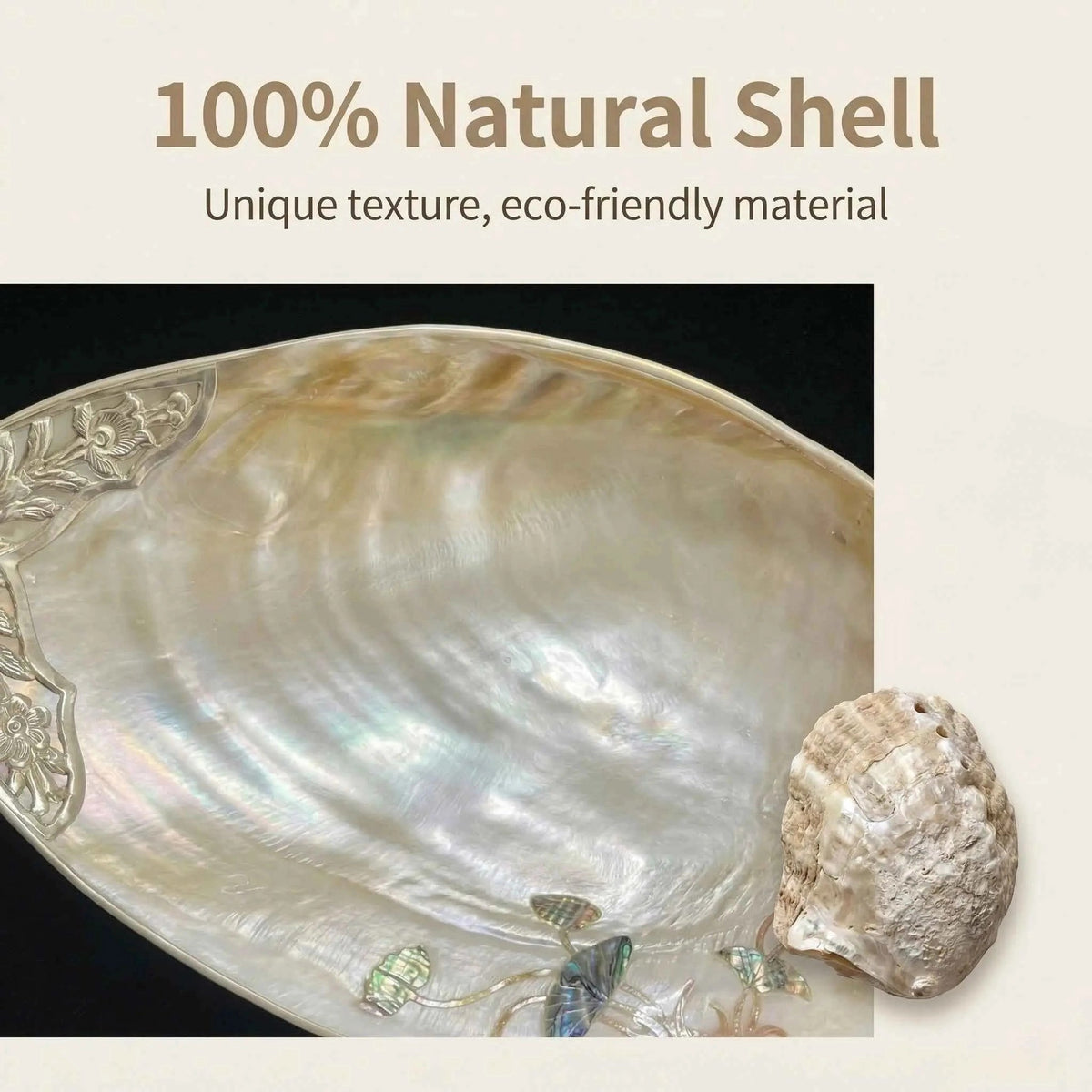 Handcrafted Large Mother of Pearl Tray – Natural Shell Serving Plate with Gilded Edge Binding & Carved Accent