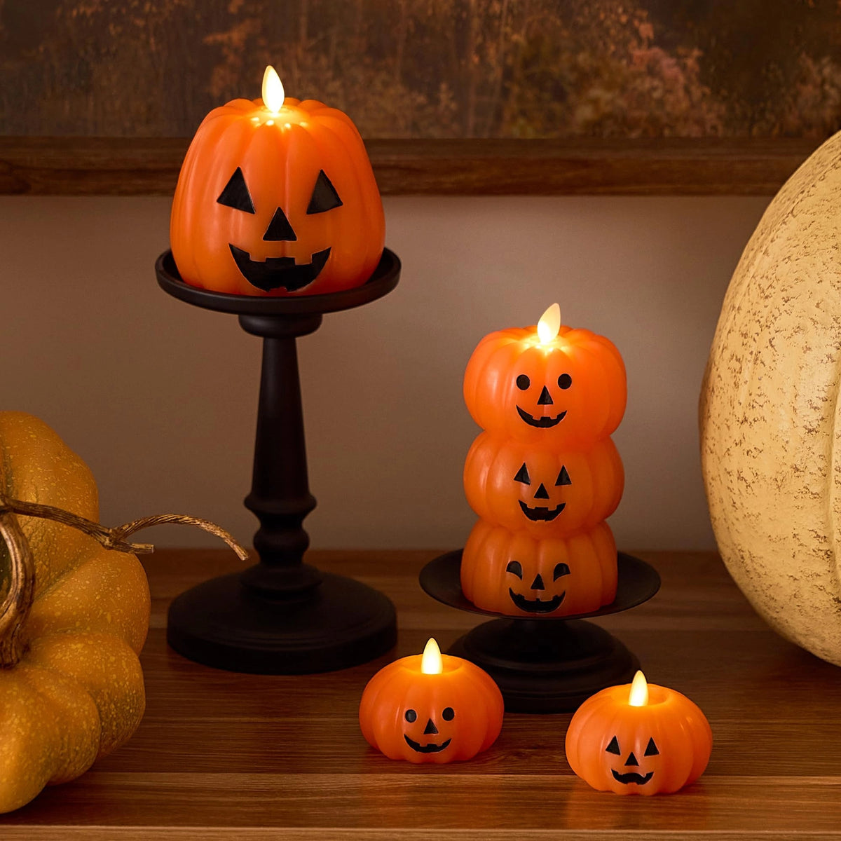 Bougie LED Citrouille Empilée | Lumière Décorative Sans Flamme en Cire Véritable pour Halloween