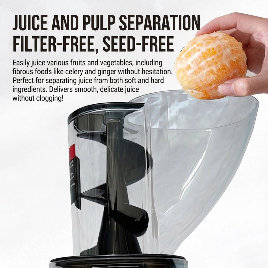Presse-agrumes en acier inoxydable à large trémie d’alimentation – Système automatique de séparation du jus et de la pulpe