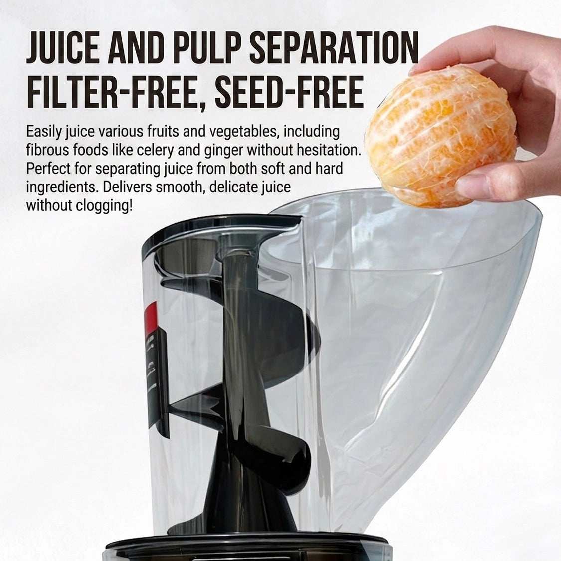 Presse-agrumes en acier inoxydable à large trémie d’alimentation – Système automatique de séparation du jus et de la pulpe