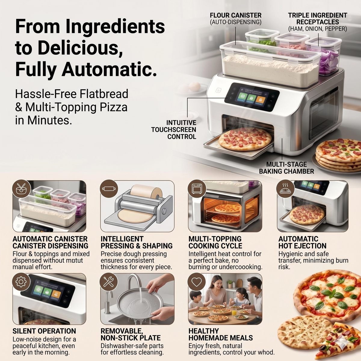Automatische smarte Pfannkuchenmaschine mit 3 Zutaten-Dosierern & verstecktem Wassertank