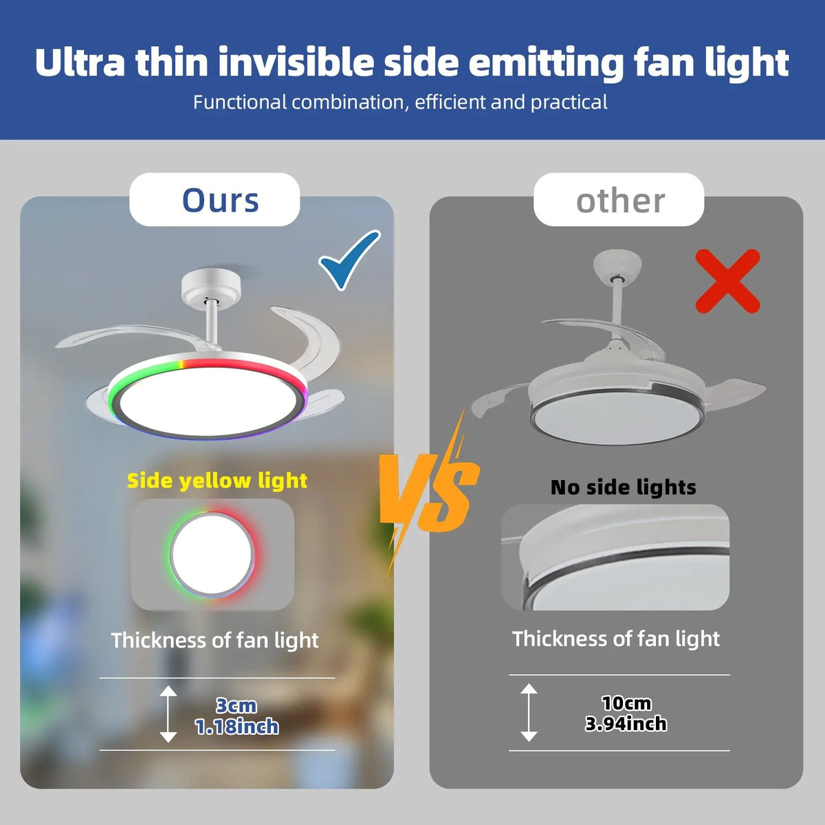 42 Inch Slim Invisible Ceiling Fan with RGB Lights-Ventilador de Techo con Luz LED