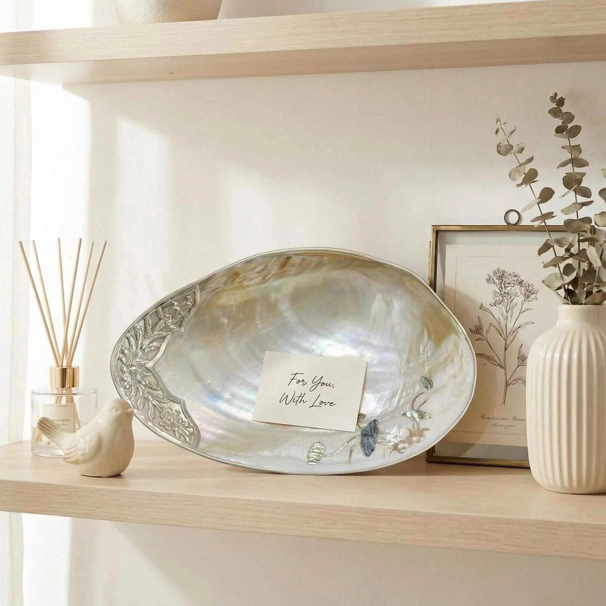 Handcrafted Large Mother of Pearl Tray – Natural Shell Serving Plate with Gilded Edge Binding & Carved Accent