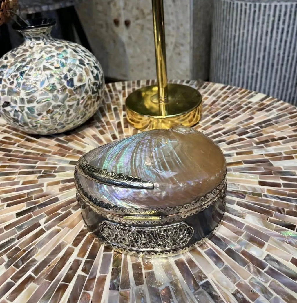 Die Aurora-Drachenschmuckschatulle | Handgefertigt aus Abalone-Muschel und Vintage-Silber