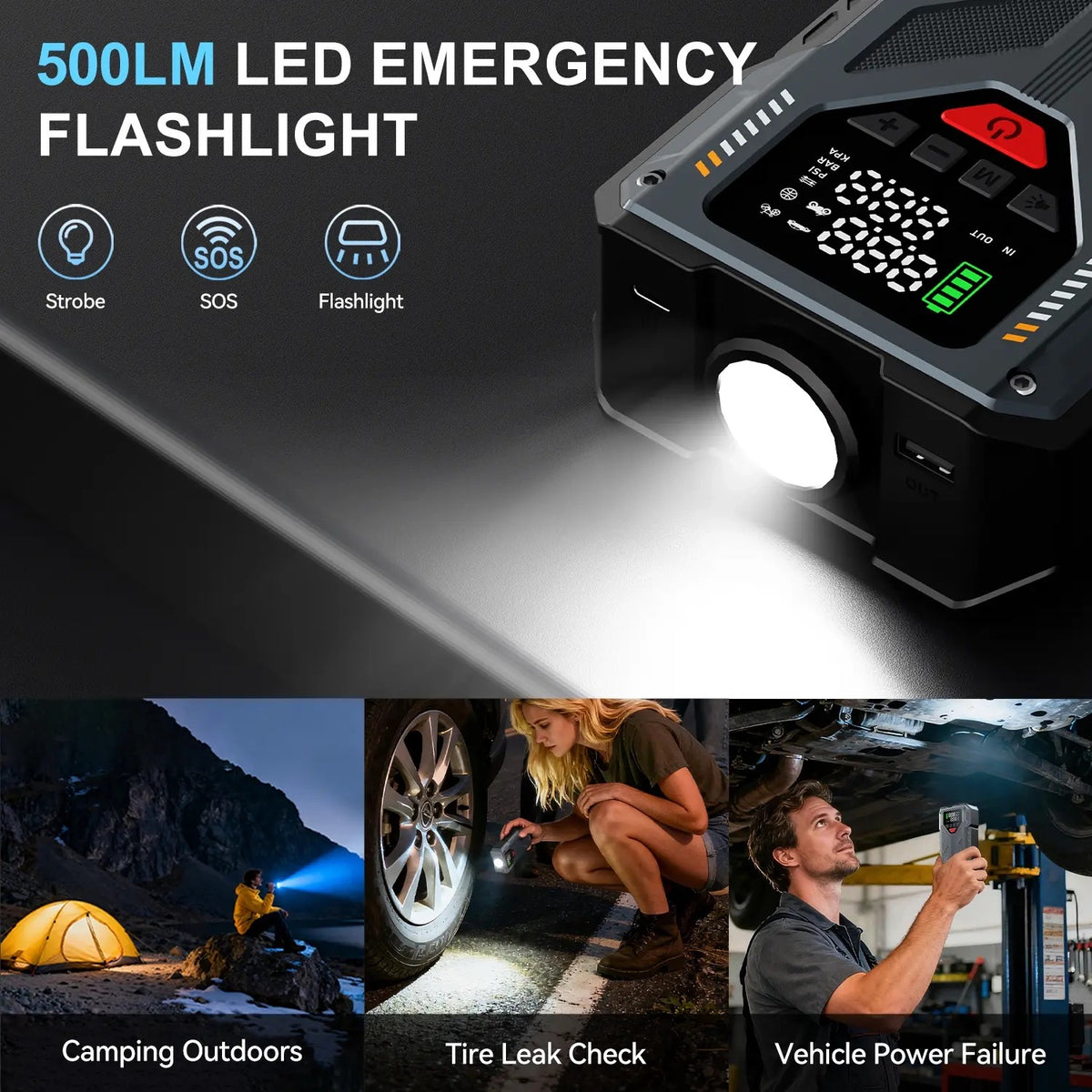 16800mAh 6000A Portable Car Jump Starter with Air Compressor | 5-in-1 Emergency Battery Booster with 150 PSI Tire Inflator & LED Light