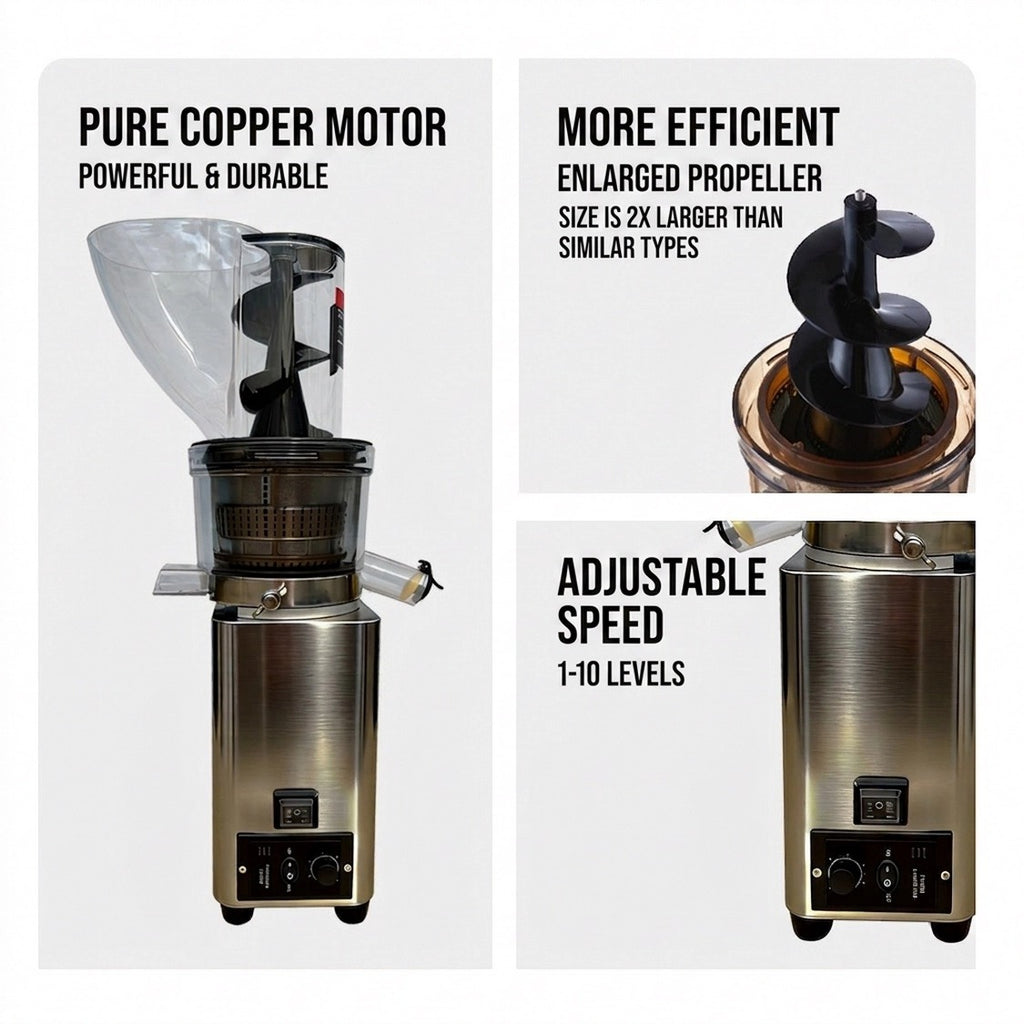Presse-agrumes en acier inoxydable à large trémie d’alimentation – Système automatique de séparation du jus et de la pulpe