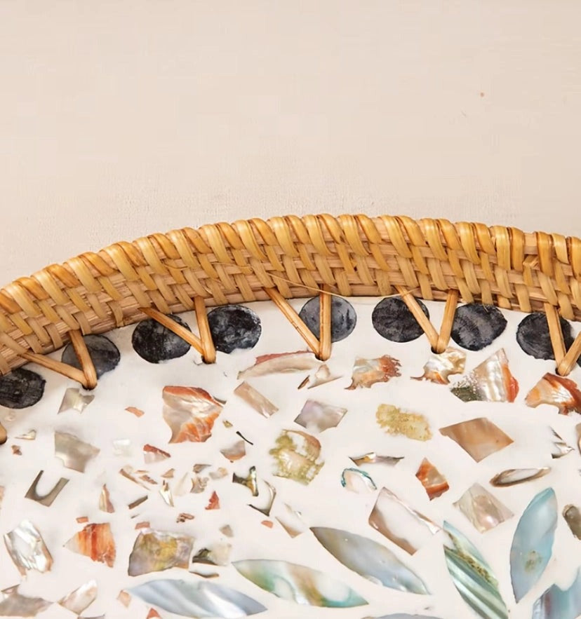 1 acheté, 1 offert – Plateau mosaïque artisanal en coquillages de rotin, plateau de service ovale tressé naturel avec incrustations de nacre pour la décoration et le rangement à la maison
