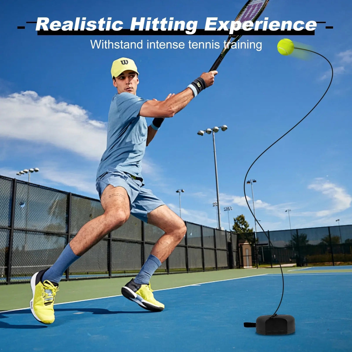 Hochwertiger Tennis-Trainer mit Rückprallfunktion und Metallsockel, tragbares Set mit 3 hochelastischen Tennisbällen an Schnüren, ideal für Erwachsene, Kinder und Anfänger, Trainingsgerät für den Outdoor-Bereich, Sport und Schlägersport