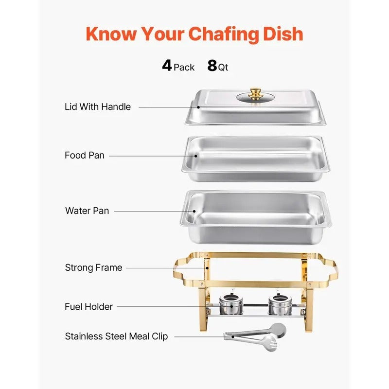 Ensemble de buffet chafing dish doré de 8 pintes - Acier inoxydable