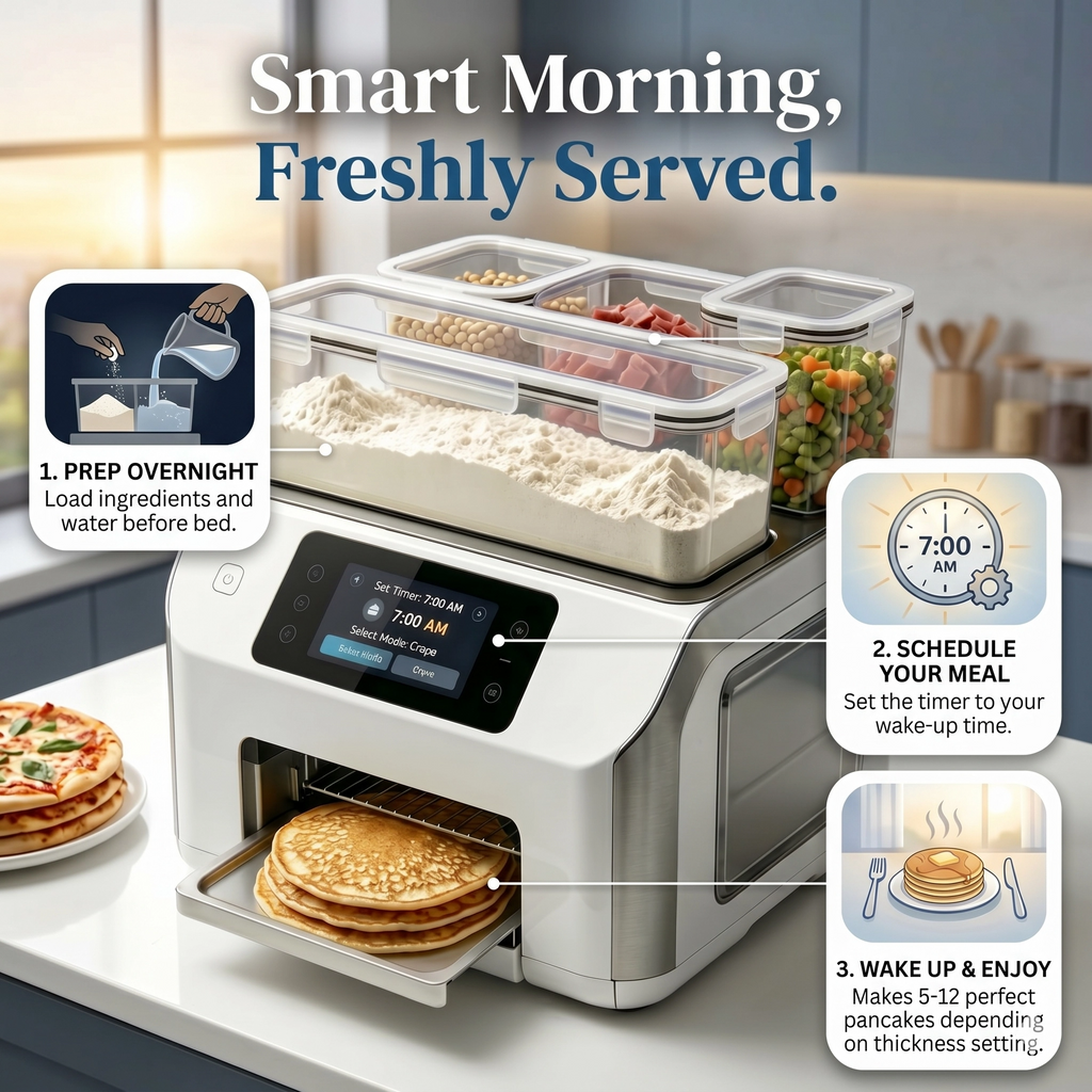 Automatische smarte Pfannkuchenmaschine mit 3 Zutaten-Dosierern & verstecktem Wassertank