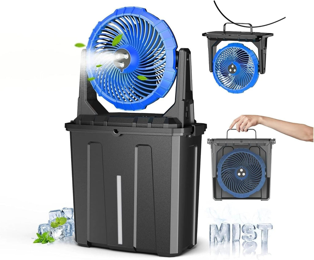 JJJSHOP 10″ 9L Portable Misting Fan, [Max 55Hrs] Outdoor Mister Fan for Outside Patios Golf, 20000mAh Rechargeable Battery Operated Travel Water Cooling Fan, Camping Patio Accessories - 3 Spray Misters