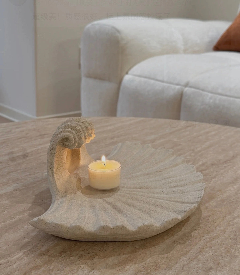 Applique murale porte-bougie en coquillage et grès naturel – Décoration murale sculpturale artisanale en coquillage, lampe bougie bohème côtière pour intérieur