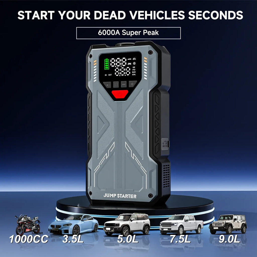 16800mAh 6000A Portable Car Jump Starter with Air Compressor | 5-in-1 Emergency Battery Booster with 150 PSI Tire Inflator & LED Light