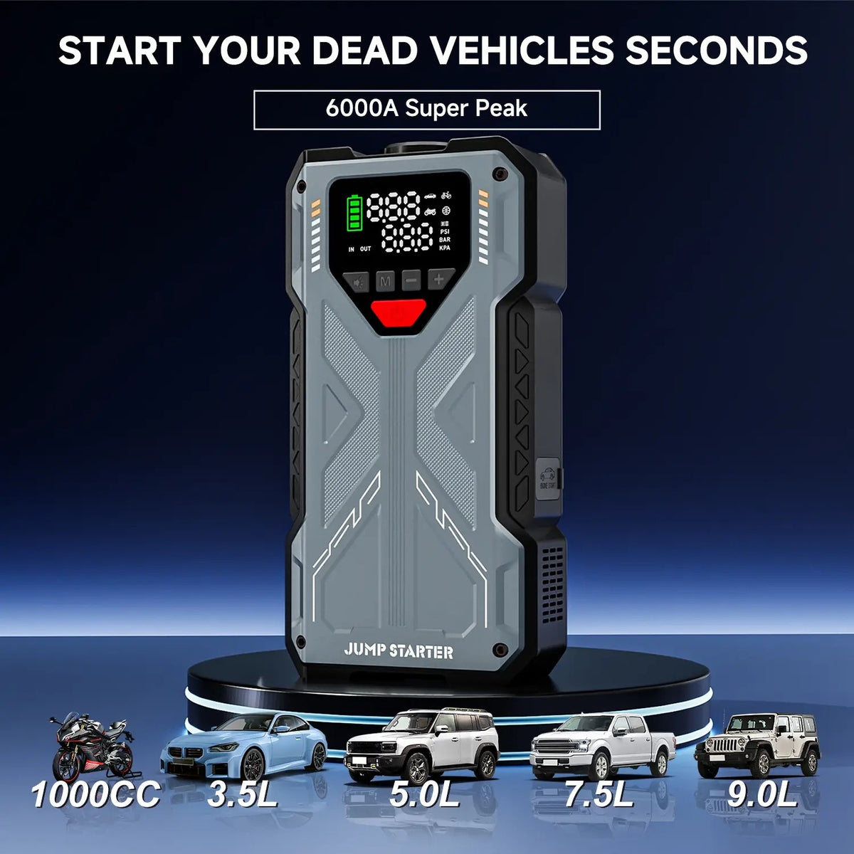 16800mAh 6000A Portable Car Jump Starter with Air Compressor | 5-in-1 Emergency Battery Booster with 150 PSI Tire Inflator & LED Light