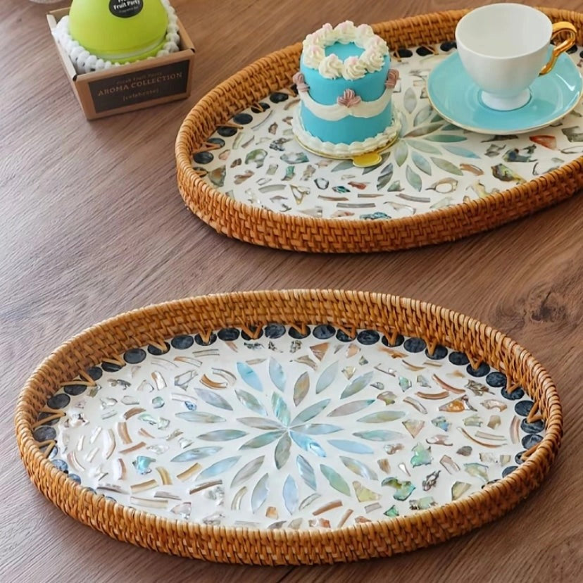 1 acheté, 1 offert – Plateau mosaïque artisanal en coquillages de rotin, plateau de service ovale tressé naturel avec incrustations de nacre pour la décoration et le rangement à la maison