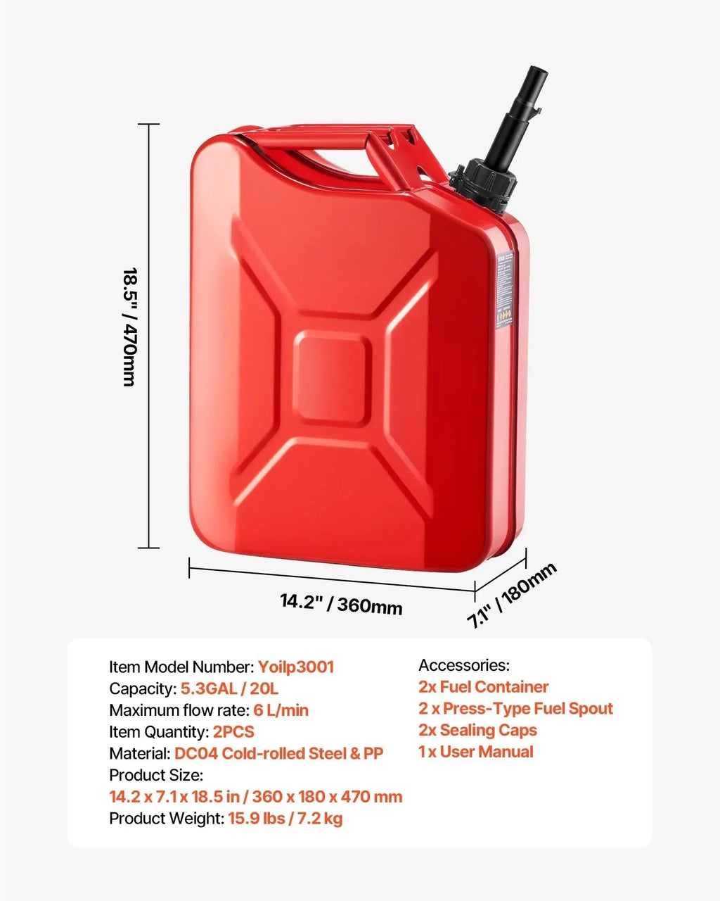 Jerry Fuel  Metal Fuel Container, Summervibes,Summervibes, 5.3 Gallon, Fuel Jerry Can with Spout and Comfort Handle, 6 L/min Max Flow Rate, Leakproof & Corrosion-resistant Metal Gas Tank Most Cars Motorcycle ATV UTV, Red, 2 Packs