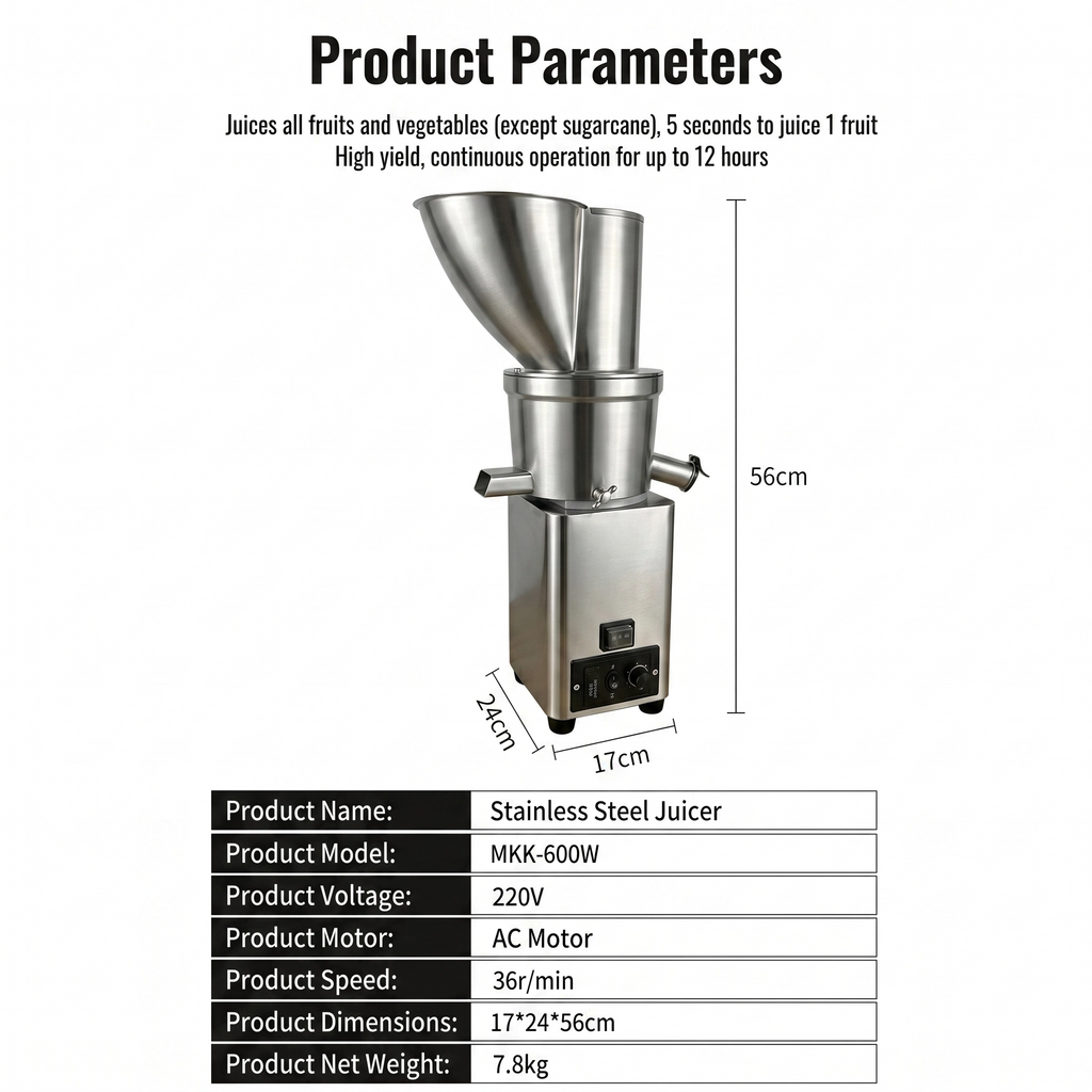 Presse-agrumes en acier inoxydable à large trémie d’alimentation – Système automatique de séparation du jus et de la pulpe